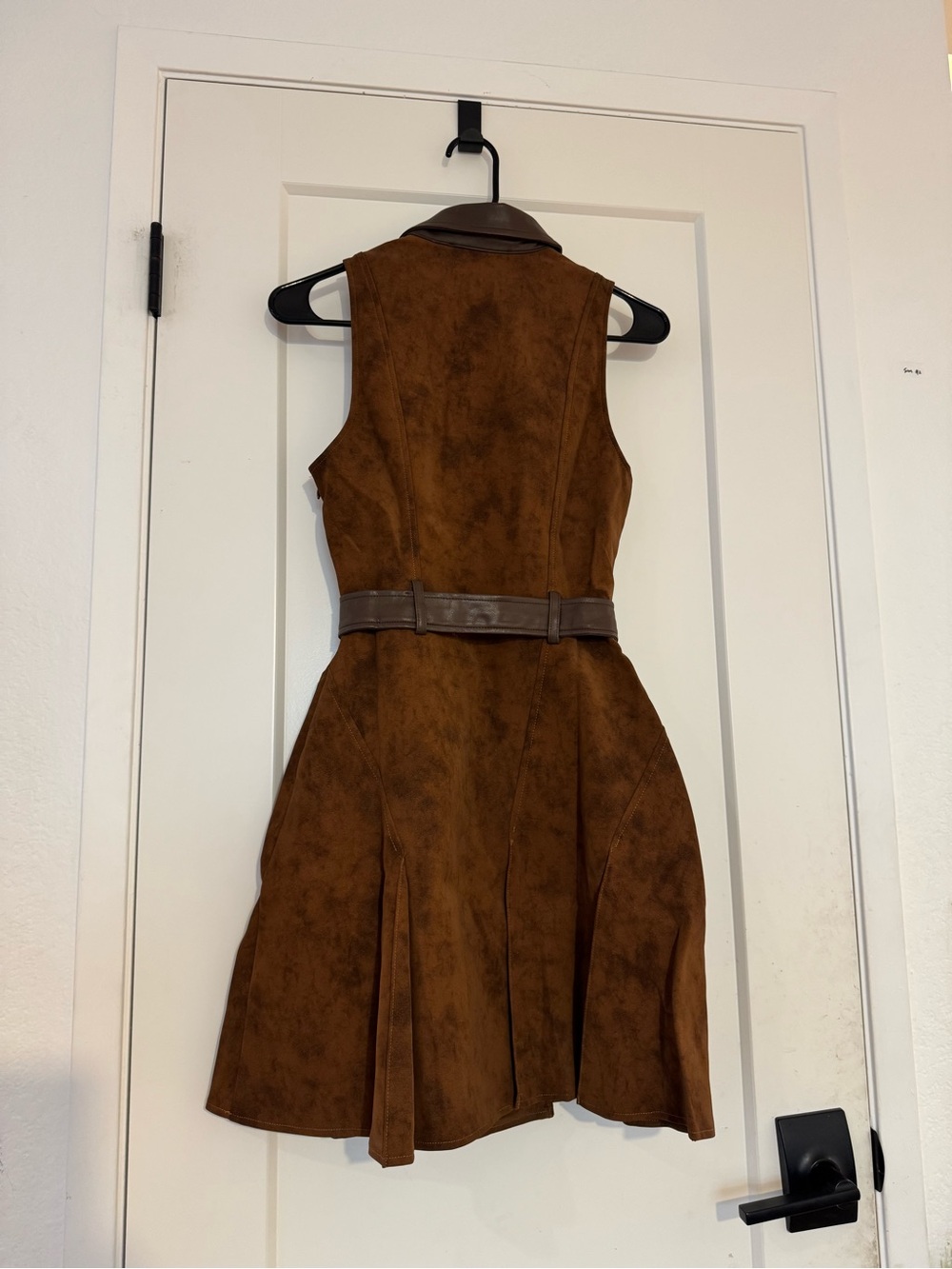 [NWOT] En Saison Size S Brown Faux Suede Leather Trim Belted A-Line Dress - Picture 4 of 13
